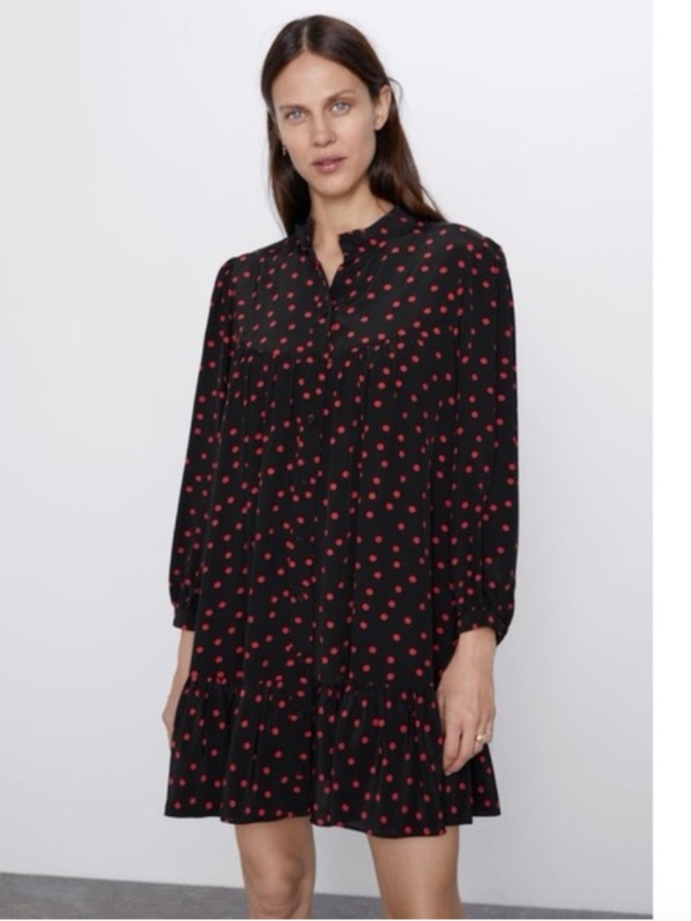 ZARA Black Red Polka Dot Button Front Mini Dress Long Sleeve Ruffle Hem Size S